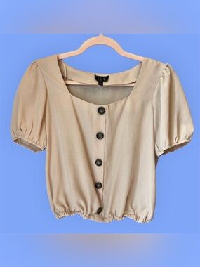 OLM Beige Puff Sleeve Button Front Crop Blouse | Size Large